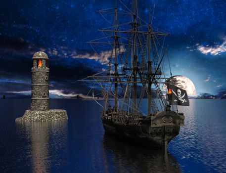 Pirate sailship near the old lighthouse with fire at moonlight - 3d rendering