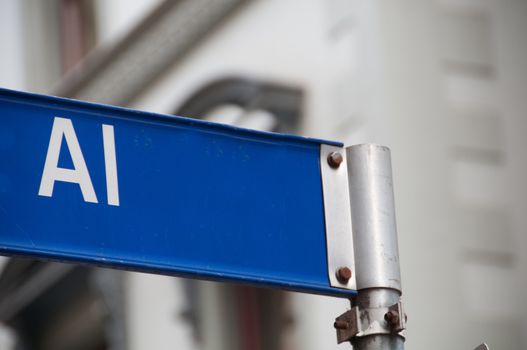 Road to AI (Artificial Intelligence) technology focused street sign.