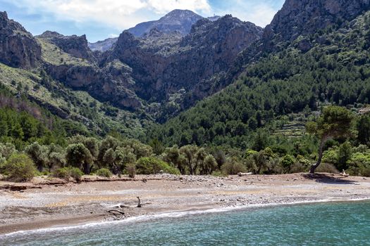 View on the coast at bay Cala Tuent on balearic island Mallorca, Spain on a sunny day with clear blue water and mountain range in background