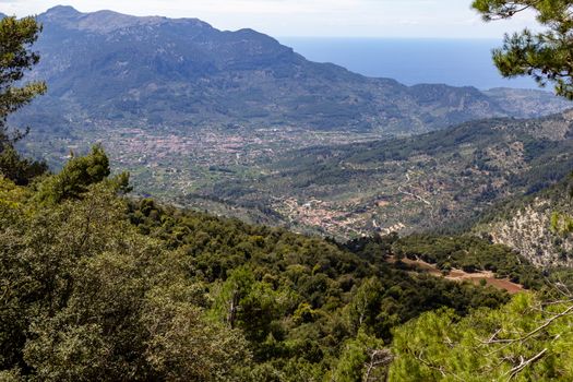 Scenic View at the city Soller on balearic island Mallorca, Spain with the mediterranean sea in background 