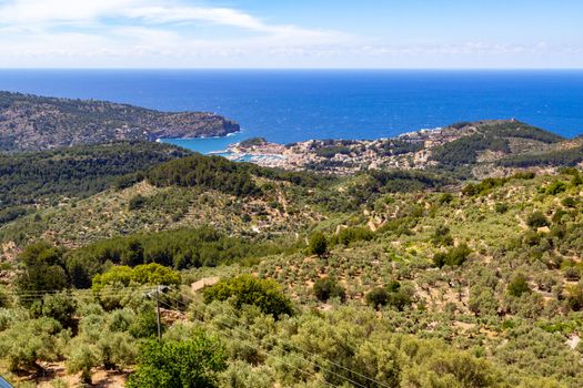 Scenic View at Port de Soller  on balearic island Mallorca, Spain with the mediterranean sea in background 