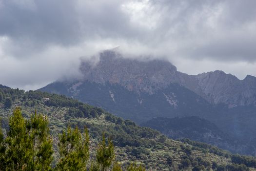 Scenic view at landscape at Serra de Tramuntana between Soller and Valldemossa in the north of Mallorca 