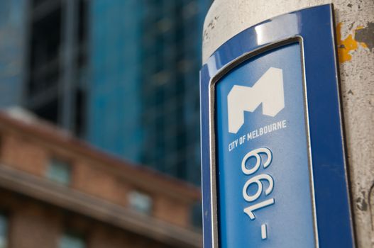 MELBOURNE, AUSTRALIA - JULY 26, 2018: Logo for City of Melbourne with 199 number on light pole