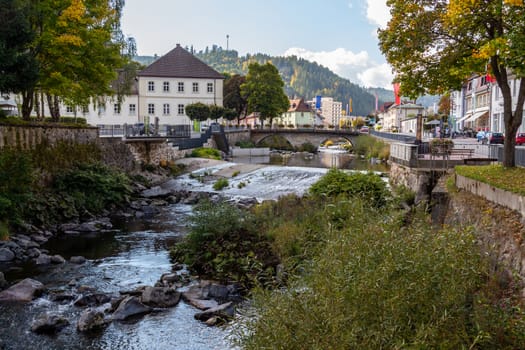 View at the City St. Blasien, Black Forest, Germany with the river Alb,  dam and bridge