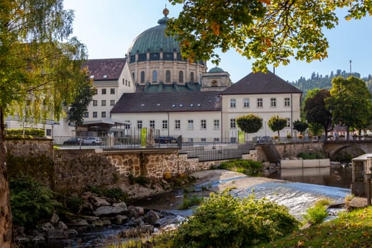 View at the City St. Blasien, Black Forest, Germany with the river Alb,  the cathedral, dam and bridge