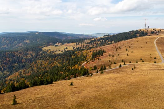 Scenic view from Feldberg tower at landscape of Black Forest, Germany in autumn 