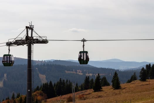 Two gondolas of the Feldweg ropeway, Black Forest, Germany