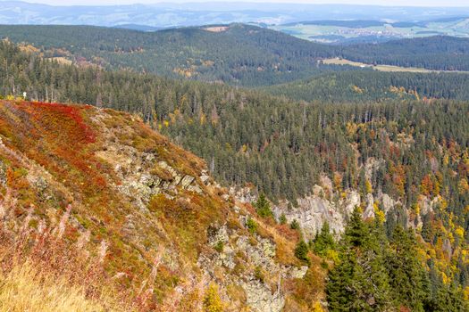 Scenic view at landscape from the mountain Feldberg, Black Forest in autumn with multi colored vegetation