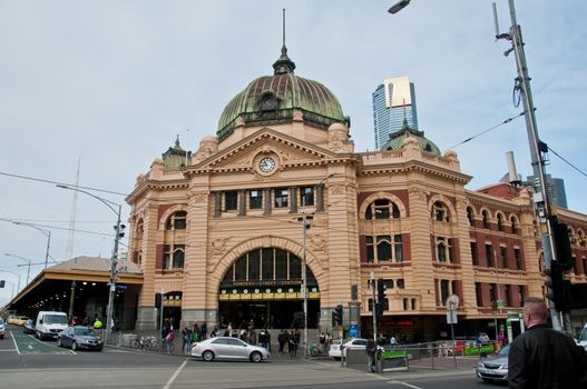 MELBOURNE, AUSTRALIA - JULY 26, 2018: Famous landmark Flinders street train statino in Melbourne city center in Australia