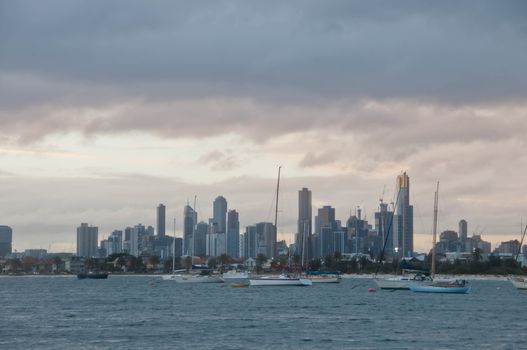 Scene of high-rises skyscrappers office buildings in port Melbourne St.Kilda beach in Melbourne Victoria Australia