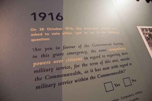 MELBOURNE, AUSTRALIA - JULY 26, 2018: Australian Compulsory military vote poll question in 1916 explanation text on white wall