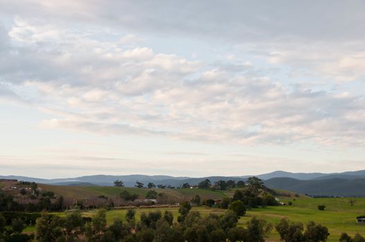 Peaceful evening scene of Yarra Valley countryside and mountainrange near Melbourne Australia