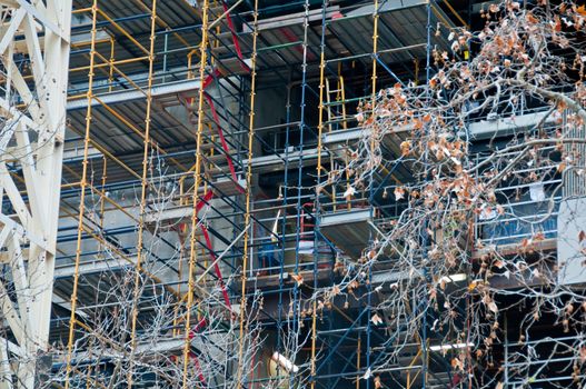 Construction scaffolding of high-rise building and dried leaves tree in Autumn
