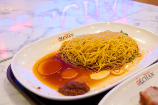 MELBOURNE, AUSTRALIA - JULY 26, 2018: Famous golden egg noodle Hawker Chan Michelin star restaurant