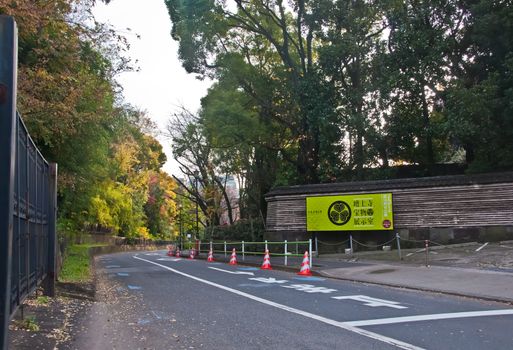 TOKYO, JAPAN - DECEMBER 1, 2018: A road toward Zojoji famous Budhist temple in Tokyo in the morning. There is nobody in the photo.