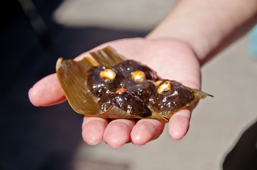 Traditional sweet dessert brown sugar stuffed with almond at Tai O fisherman village in Hong Kong