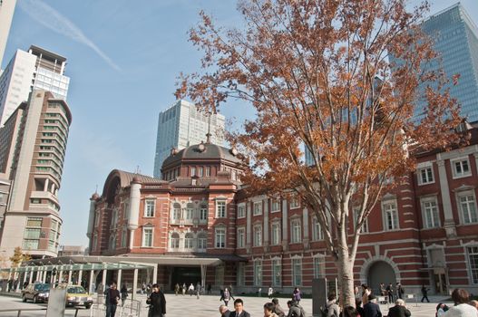 TOKYO, JAPAN - DECEMBER 1, 2018:  Tokyo Station railway building with Ginkgo yellow foliage leaves trees in late Autumn. There are many people walk on the street in front of the station.