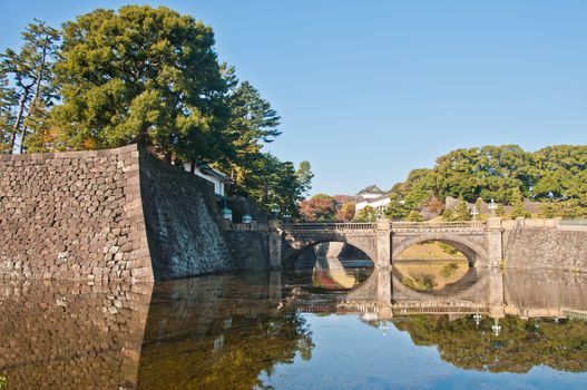 TOKYO, JAPAN - DECEMBER 1, 2018: Nijubashi Bridge (Eyeglass bridge or Double bridge) that connects the Royal Imperial Palace front plaza and the palace. The bridge only opens to welcome state guests visit Japan or there is Royal ceremony. There is nobody in the photo.