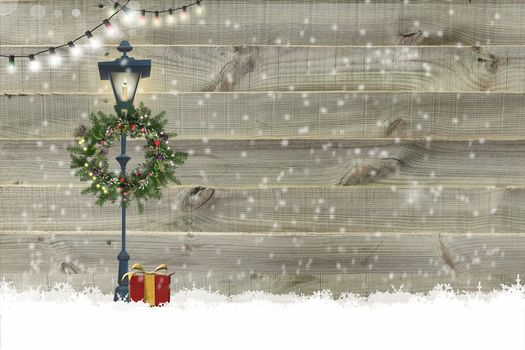 Christmas New Year wooden background Christmas gift boxes, floral wreath, string of lights, street light on wooden background with snow. Place for text, 3D Illustration.