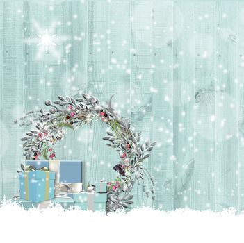 Christmas New Year wooden background of turquoise blue Christmas gift boxes, floral wreath, string of lights on blue wooden background with snow. Place for text, 3D render.