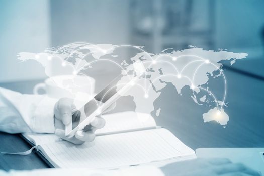 Closeup woman check and sending message hand holding smart mobile phone on network world map background, business communication concept, Elements of this image furnished by NASA.