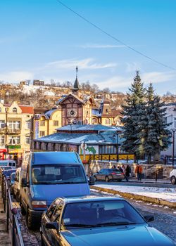 Chortkiv, Ukraine 01.06.2020. City centre and the old Town Hall in Chortkiv, Ukraine, on a sunny winter day