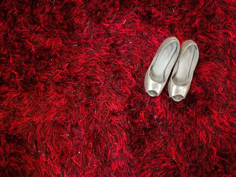 Silver shiny high-heeled shoes stiletto on red carpet