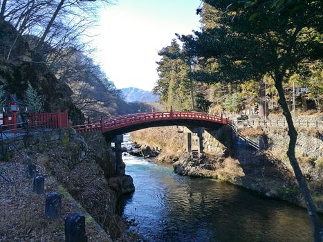 Famous red Shinkyo wooden bridge in Nikko Japan