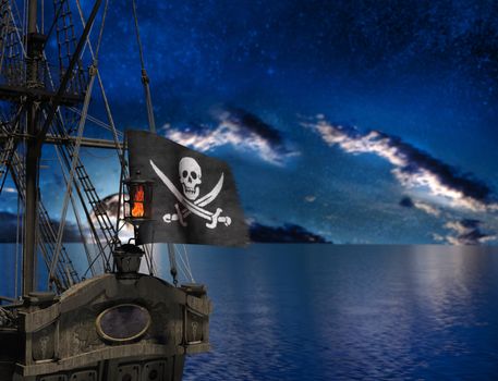 Pirate sailship with flag at moonlight - 3d rendering