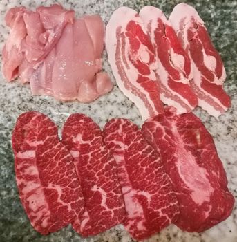 Supreme premium Wagyu mabled sliced beef and chicken and bacon