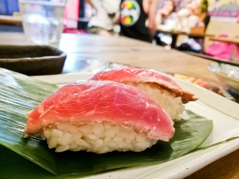 Rare lightly grilled Wagyu beef sushi in Tokyo Japan