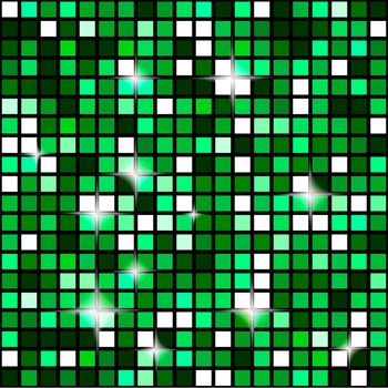 Emerald green seamless mosaic shimmer background. Sparkle glitter backdrop. Disco ball seamless wallpaper. Illustration.