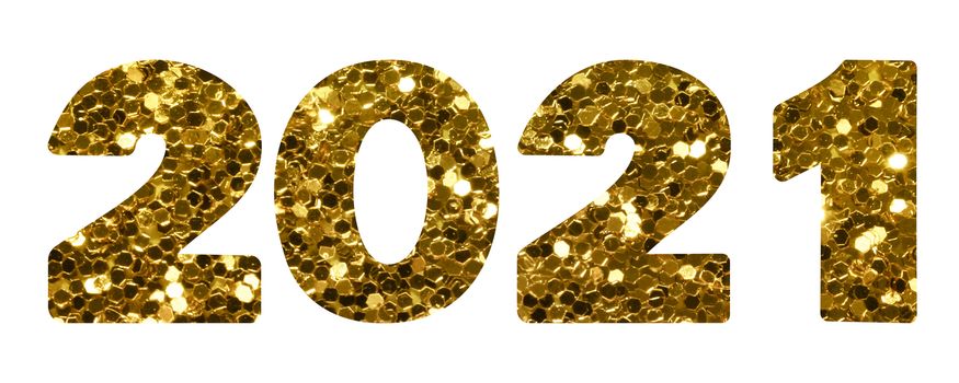 2021 gold sequin texture design template Celebration typography poster, banner or greeting card. llustration isolated on white background.