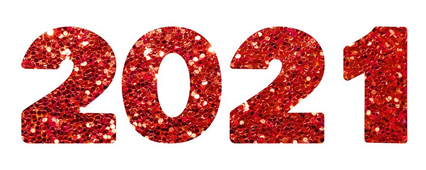 2021 red glitter texture design template Celebration typography poster, banner or greeting card. llustration isolated on white background.