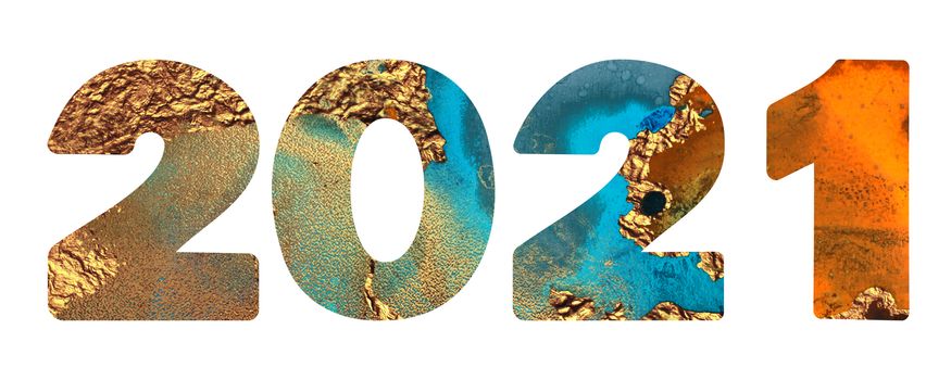 2021 orange, gold and teal shimmer texture design template Celebration typography poster, banner or greeting card. llustration isolated on white background.