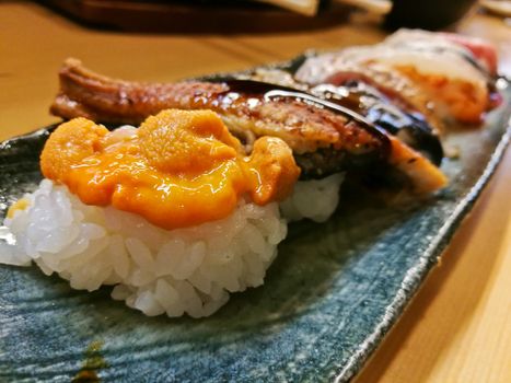 Premium fresh seafood sushi served in a row. There are sea urchin roe and unagi grilled sea fish