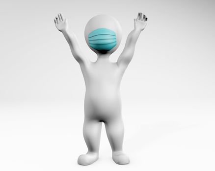 Man with mask hands up happy pose 3d rendering isolated on white