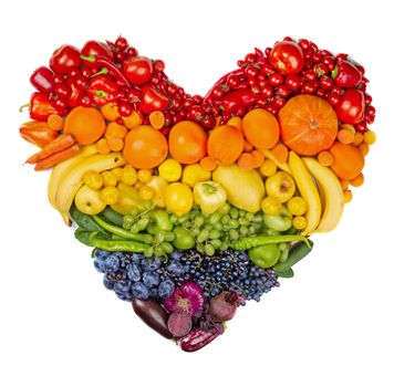 Rainbow heart of fruits and vegetables studio isolated on white background go vegetarian love healthy eating concept