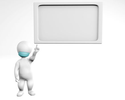Man with mask pointing up at a label 3d rendering isolated on white