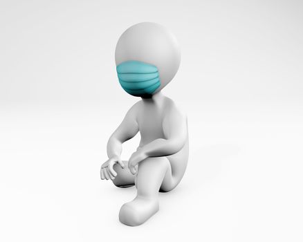 Man with mask sitting on the ground 3d rendering isolated on white