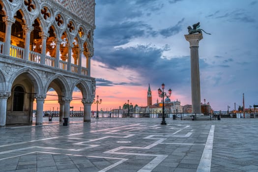Dramatic sunrise at the Piazzetta San Marco and the Palazza Ducale in Venice, Italy
