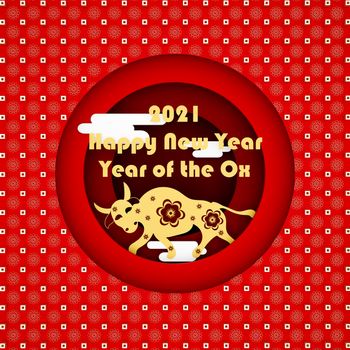 An illustration of a zodiac ox model with Chinese gold and red pattern, paper cut style. Chinese New Year, Year of the Ox.