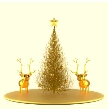 3D rendered illustration of two gold color deer and a Christmas tree.