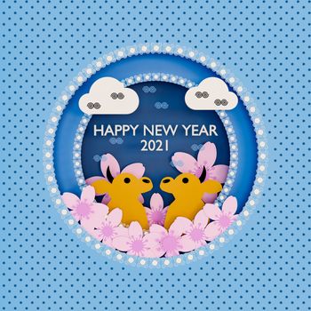 An illustration of cute baby cow models with pink cherry blossoms and oriental elements on blue background. Happy New Year 2021 card.