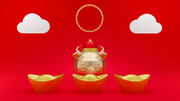 3D rendered illustration of a zodiac cow model with three large Chinese gold ingots. Chinese New Year concept.