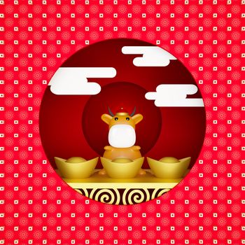 3D rendered illustration of a zodiac ox model with Chinese gold and red pattern. Chinese New Year, Year of the Ox.