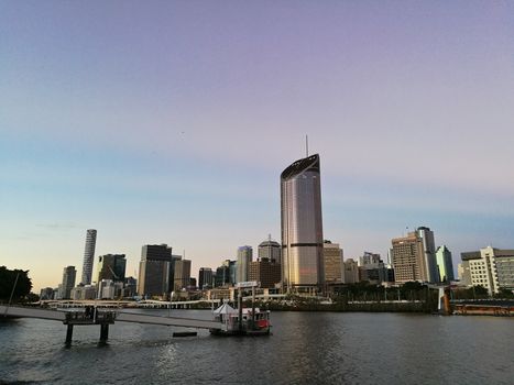 Evening scene of Brisbane North Bank riverside with skyscraper scene in Evening