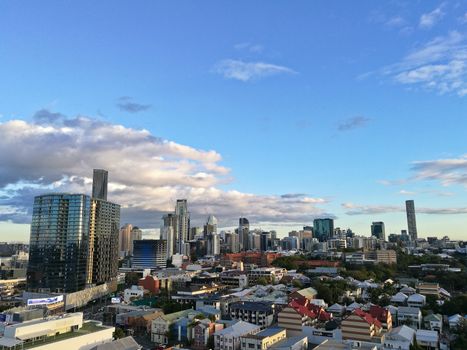 Calm evening blue sky scene with Brisbane skyscraper view