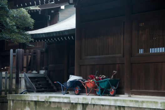 Wheelbarrow handcart park in Shinto Japanese temple