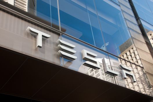 SYDNEY, AUSTRALIA - MAY 5, 2018: Tesla building in Martin Place in Sydney NSW Australia. Tesla is an electronic automotive industrial company from the USA.